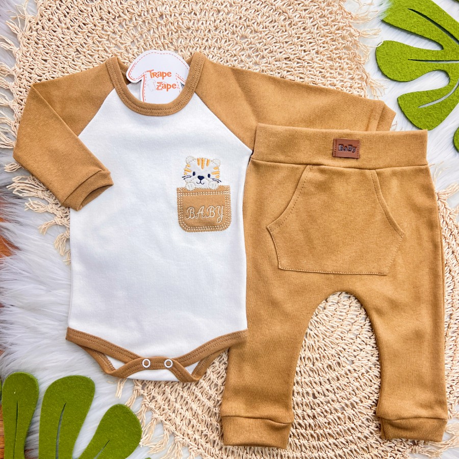 Conj. Body Manga Longa Baby Tigrinho e Calça - Caramelo